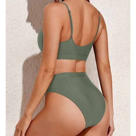 NWT Tempt Me High Waisted Sporty Scoop Neck Bikini set in Army Green Size XXL - Picture 2 of 11
